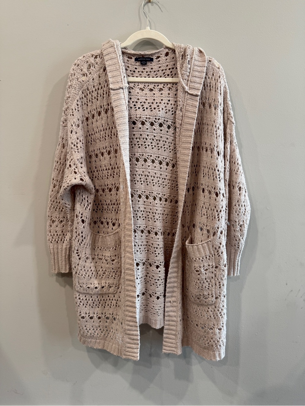AE Open-Front Crochet Knit Cardigan Sweater - Cream